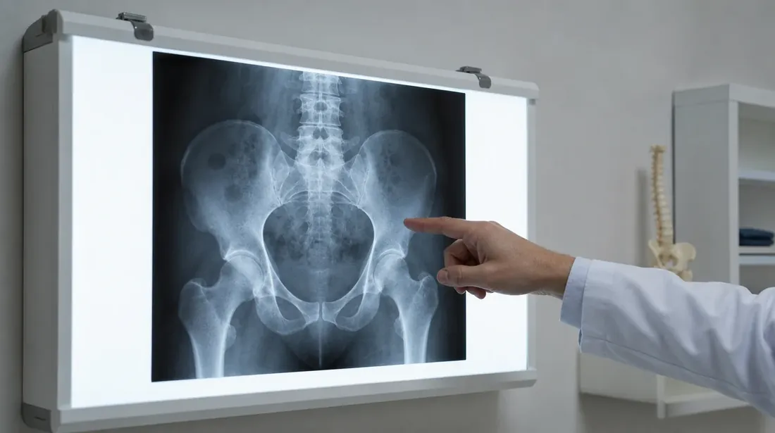 Um raio-X pélvico no negatoscópio e o urologista que analisou o próprio exame