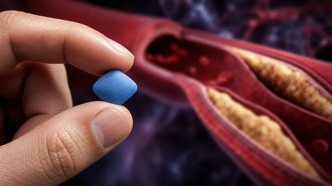 Uma pílula azul diante de um vaso sanguíneo danificado