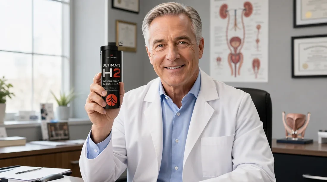 Dr. Mercer segurando um tubo de Ultimate H2